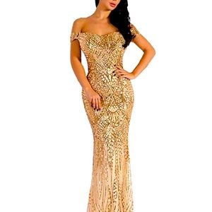 Gold sequin gown off the shoulder